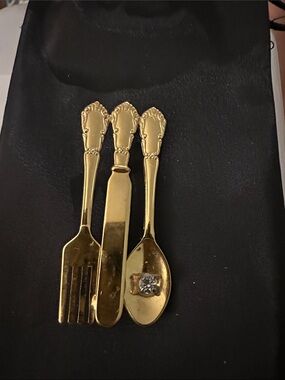 Gold Miniature Fork Knife Spoon Decorative Set Brooch